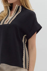 Crochet Edged Band Neckline Pullover Top Black