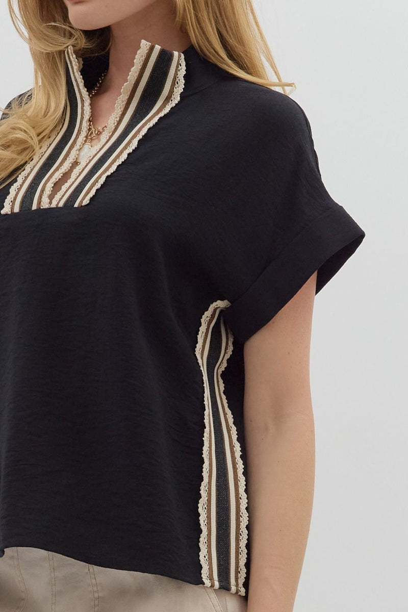 Crochet Edged Band Neckline Pullover Top Black