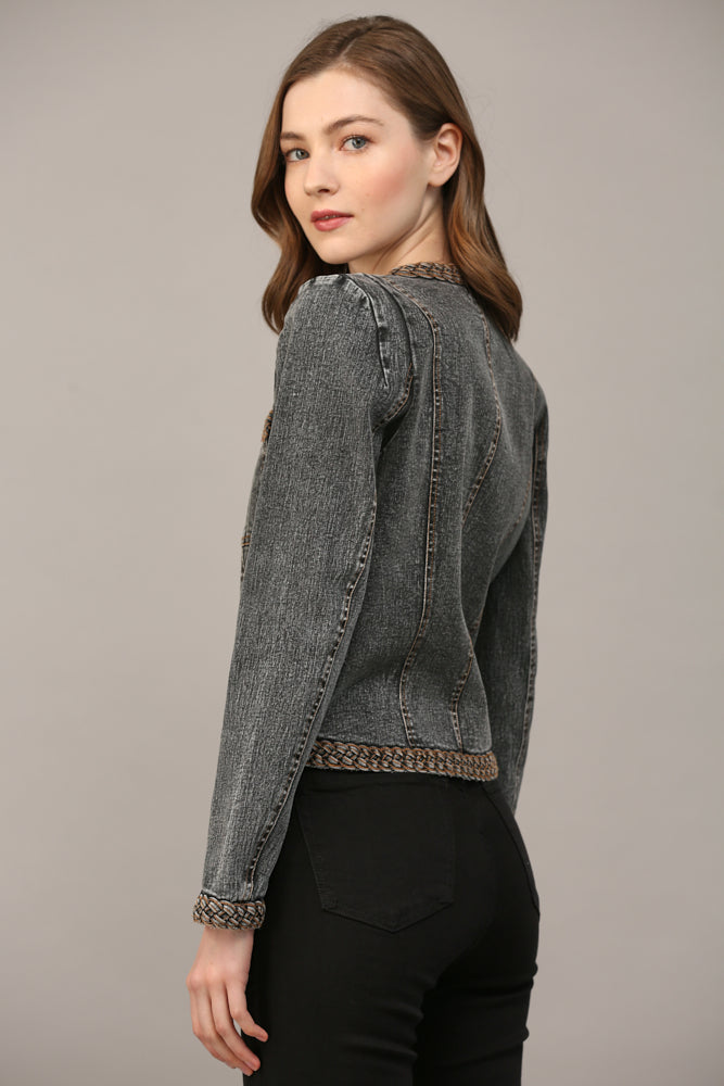 Braided Trim Jean Jacket Black Denim