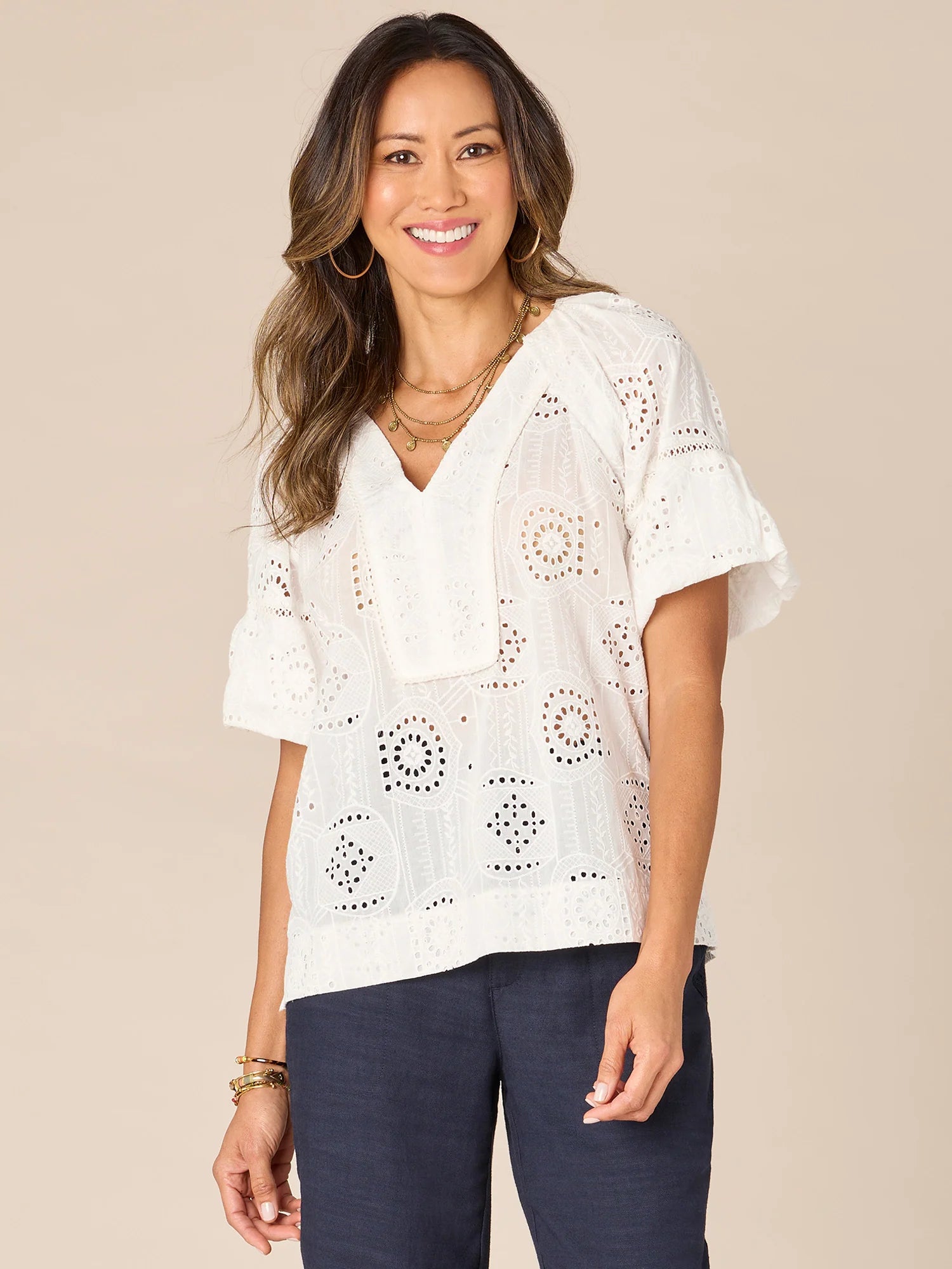 Bubble Sleeve Spliced Vneck Eyelet Emb. Top Off White