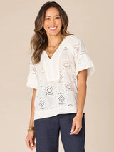 Bubble Sleeve Spliced Vneck Eyelet Emb. Top Off White