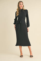 Ribbed Sweater Knit Button Detail Midi Dress Black