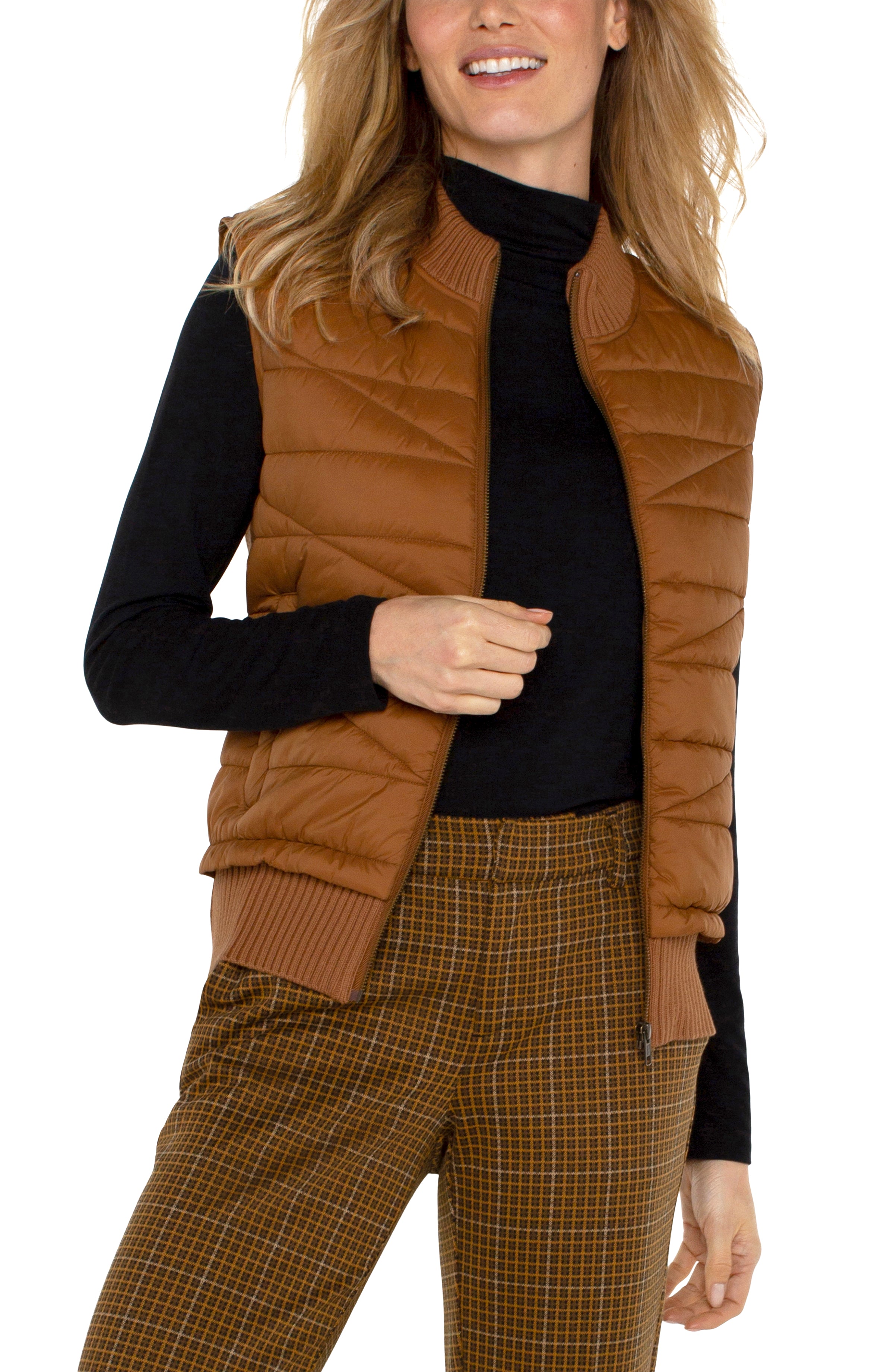 Quilted Front Full Zip Sweater Vest Tumeric