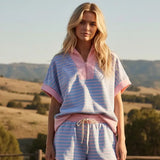 Jackelyn Half Zip Striped Shorts Set Blue + Pink
