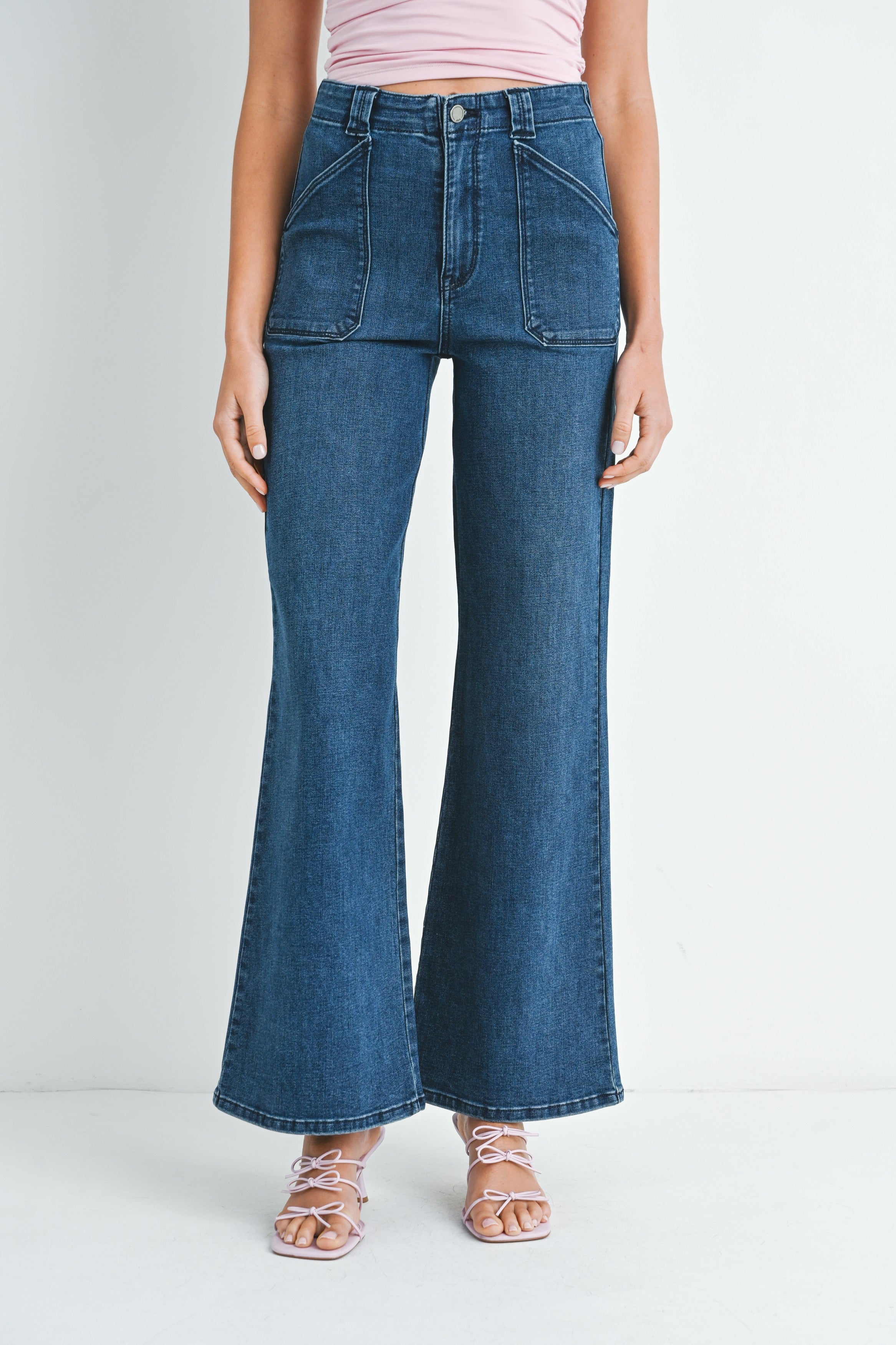 Patch Pocket Wide Leg Flare Jeans Dark Denim