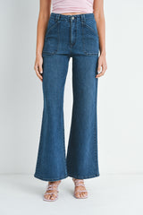 Patch Pocket Wide Leg Flare Jeans Dark Denim