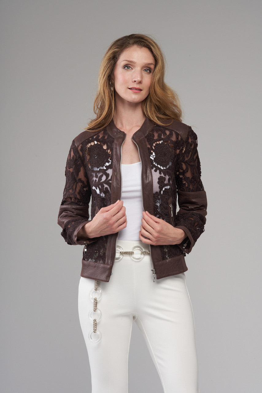 Lace Panel Leather Trim Jacket Mocha