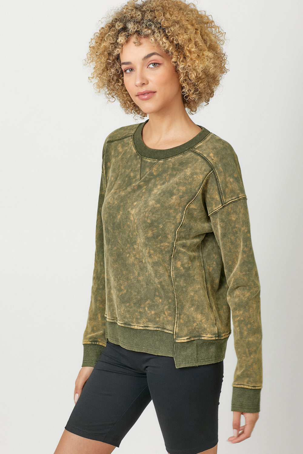 Fleece Terry Crew Neck Washed Sweatshirt Washed Olive