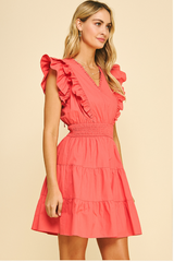 Double Ruffled Sleeve Tiered Mini Dress Coral