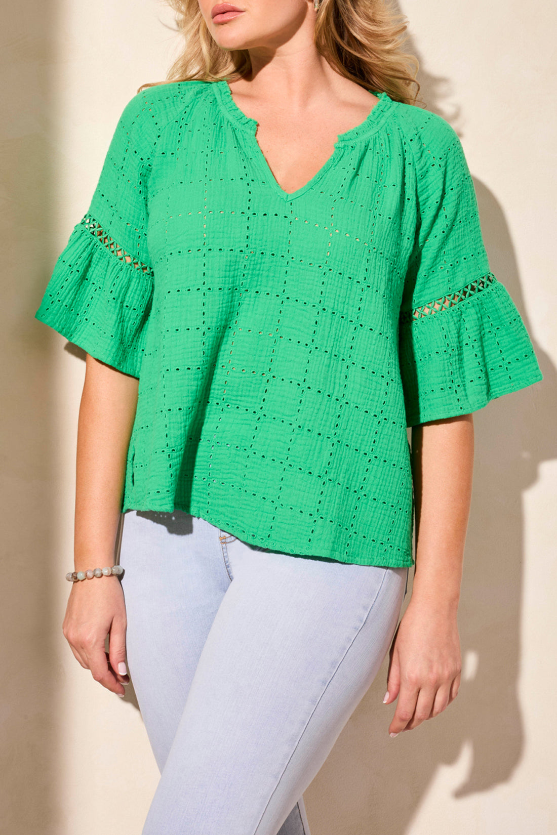 Eyelet Grid Ruffle Sleeve Blouse Green Sea