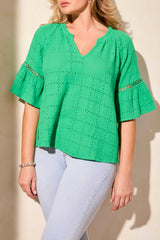 Eyelet Grid Ruffle Sleeve Blouse Green Sea