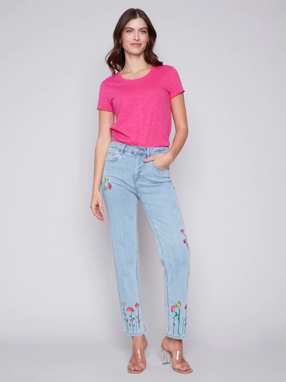 Embroidered Stemmed Floral Denim Jeans Bleach Blue