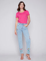 Embroidered Stemmed Floral Denim Jeans Bleach Blue