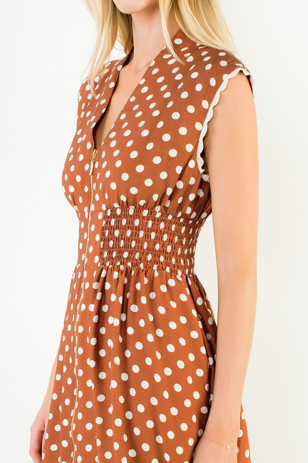 Polka Dot Smock Waist Crochet Trim Midi Dress Rust