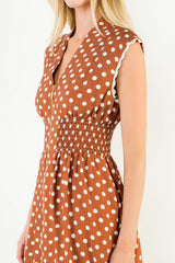 Polka Dot Smock Waist Crochet Trim Midi Dress Rust