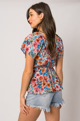 Round Neck Short Sleece Elastic Waist Floral Top Blue Multi