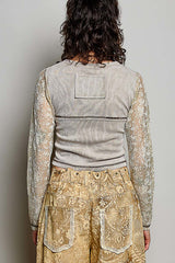 Vintage Wash Crossover Lace Sleeve Cropped Top Beige