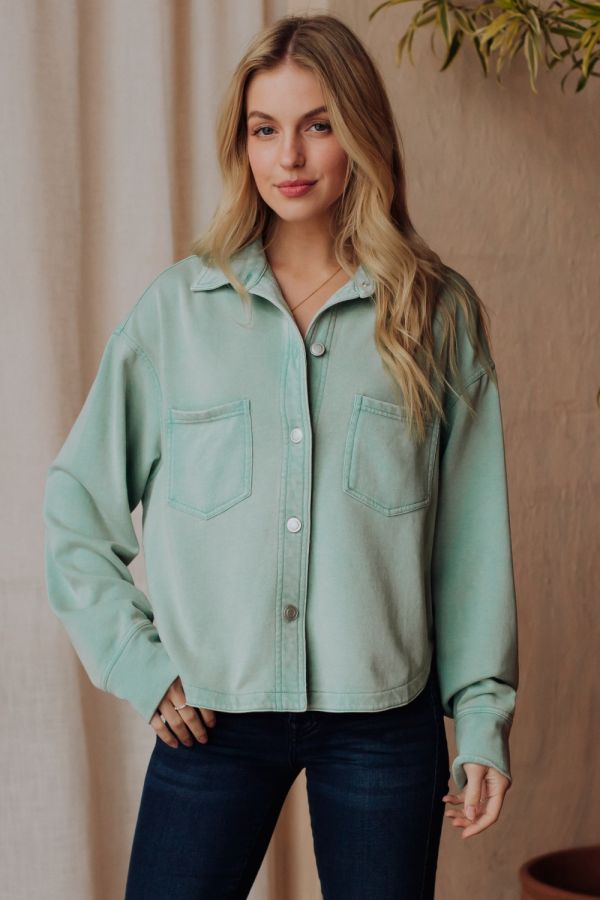 Cropped Washed Soft Button Up Jacket Mint