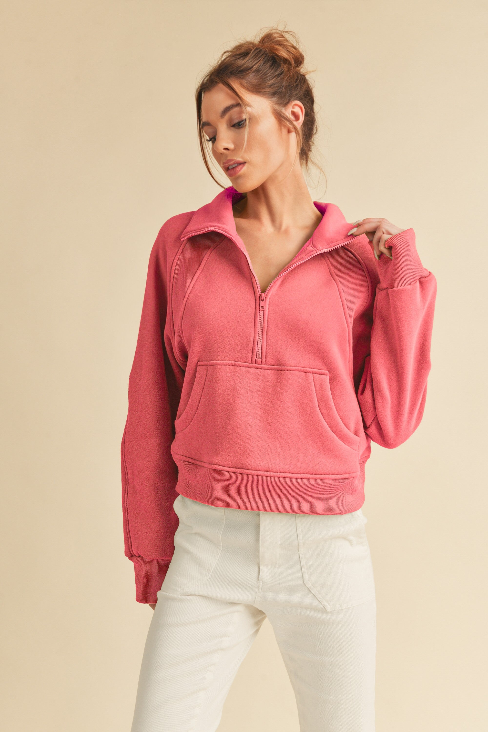 Dove Funnel Neck Half Zip Sweatshirt Coral