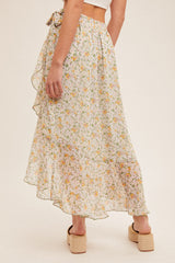 Ditsy Floral Side Tie High Low Chiffon Skirt Sage