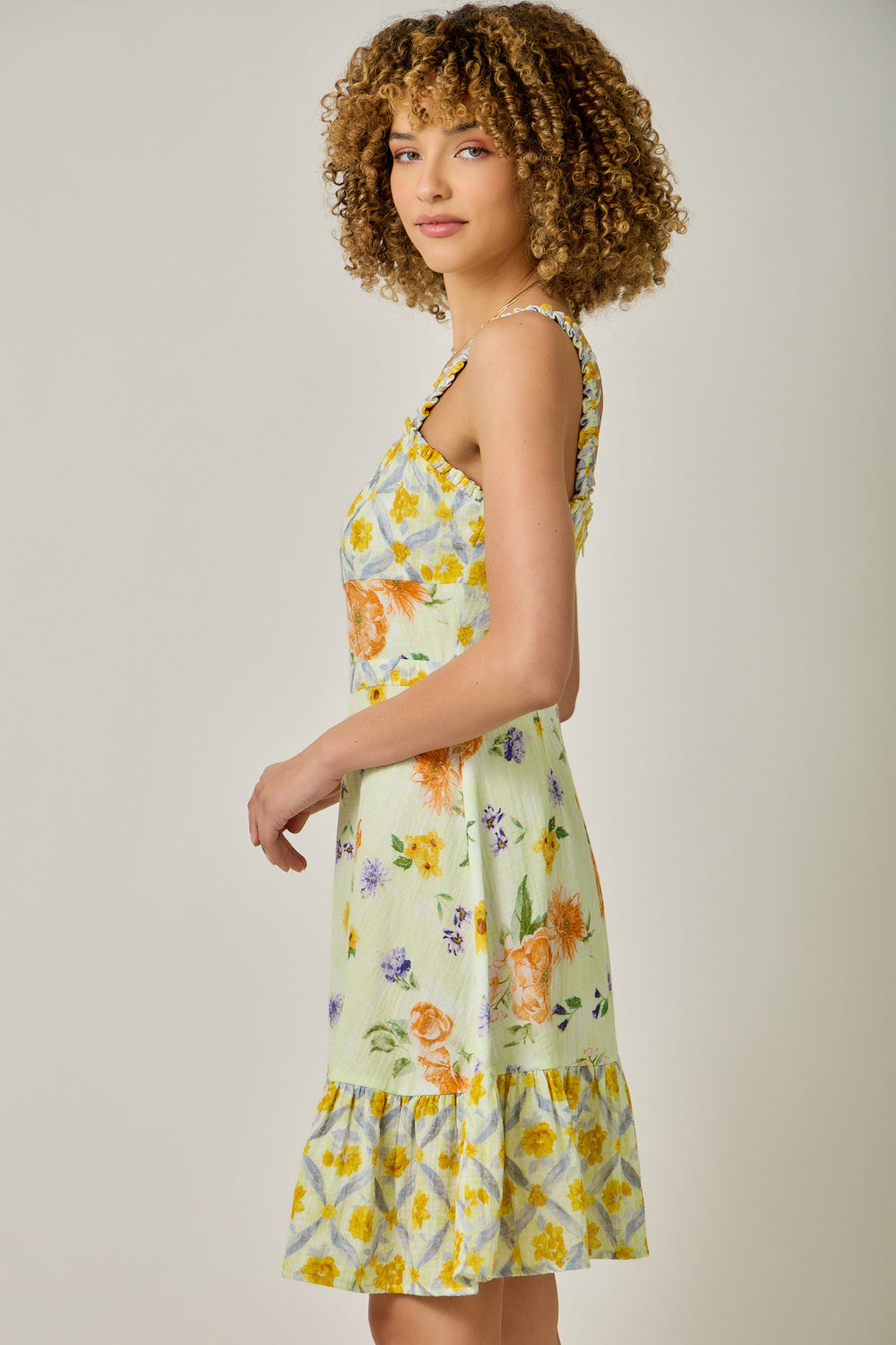 Mixed Floral Print Ruffle Dress Cream Mix