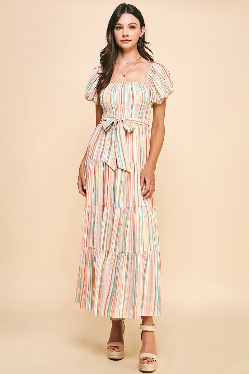 Stripe Tiered Tie Belt Maxi Dress Coral