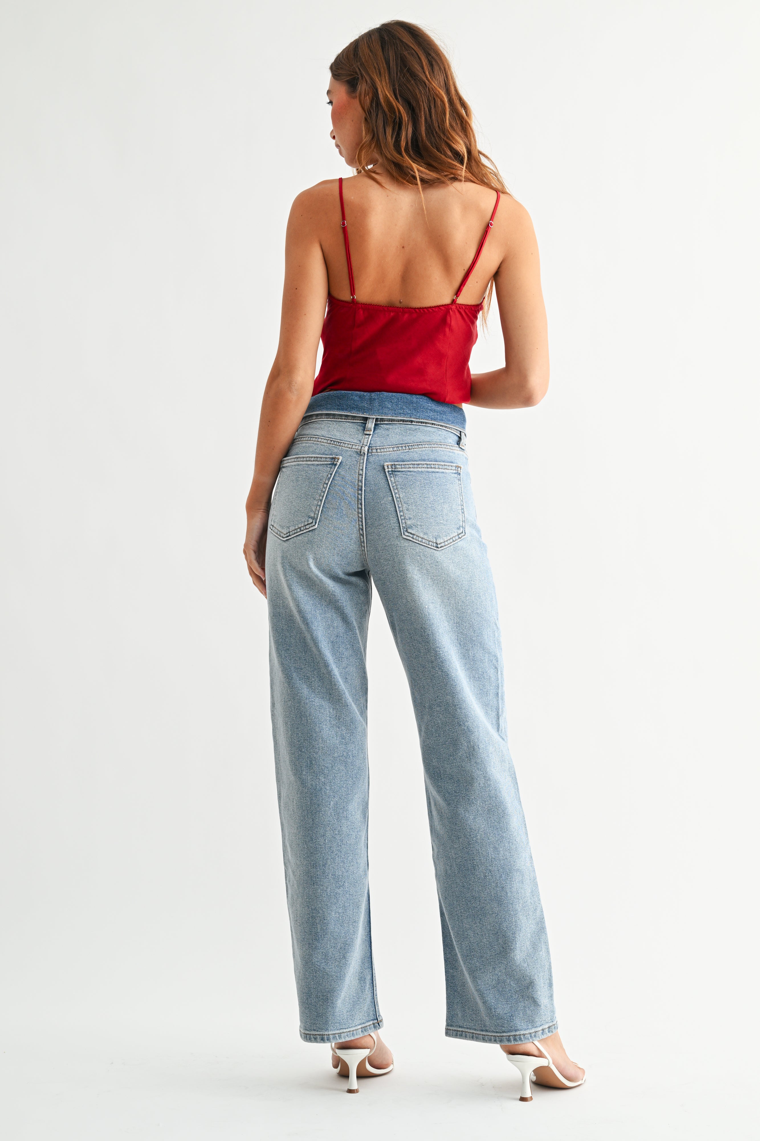 Folded Waist Relaxed Straight Jeans Light Denim