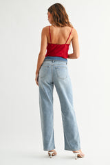 Folded Waist Relaxed Straight Jeans Light Denim