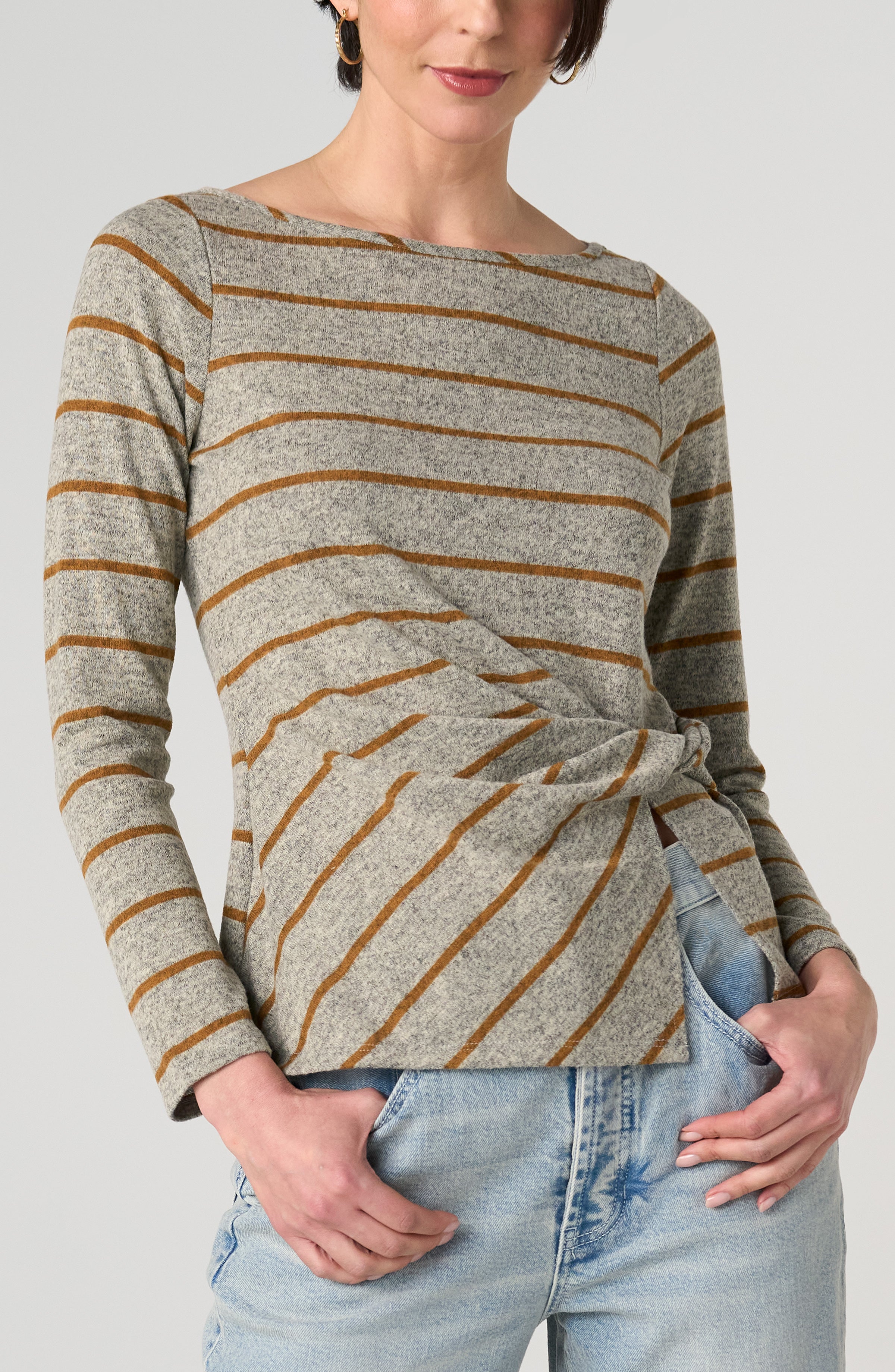 Twist Detail Boat Neck Knit Top Heather Grey Yellow Stripe
