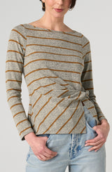 Twist Detail Boat Neck Knit Top Heather Grey Yellow Stripe