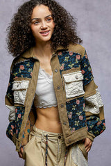Relaxed Fit Jacquard Patch Floral Jacket Moss + Indigo