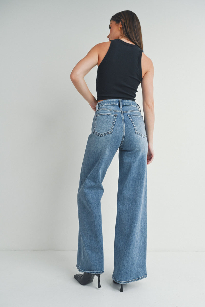 High Rise Palazzo Wide Leg Jeans Medium Denim