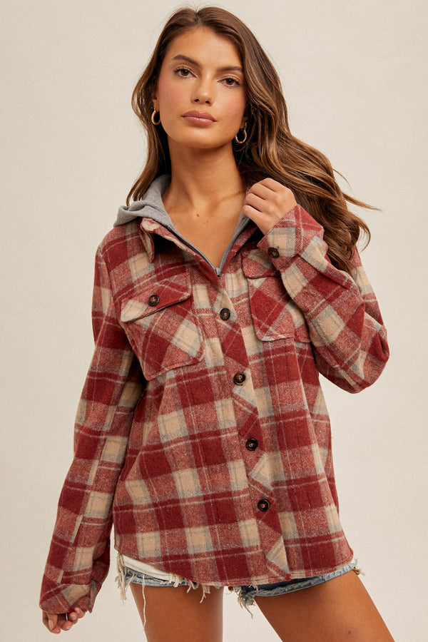 Hooded Button Down Plaid Shirt Red