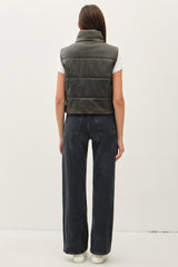 Distressed Leather Puffer Vest Charcoal