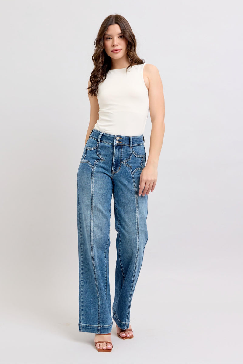 High Waist Star Front Seam Detail Wide Leg Jeans Medium
