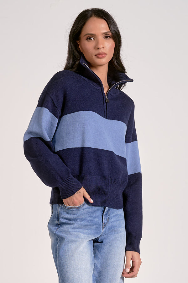 Quarter Zip Colorblock Pullover Navy + Light Blue