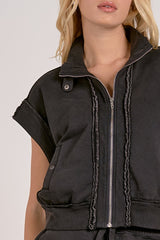 Cap Sleeve Oversize Zipper Vest Black