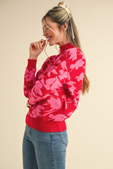 Mock Neck Floral Knit Sweater Red Pink