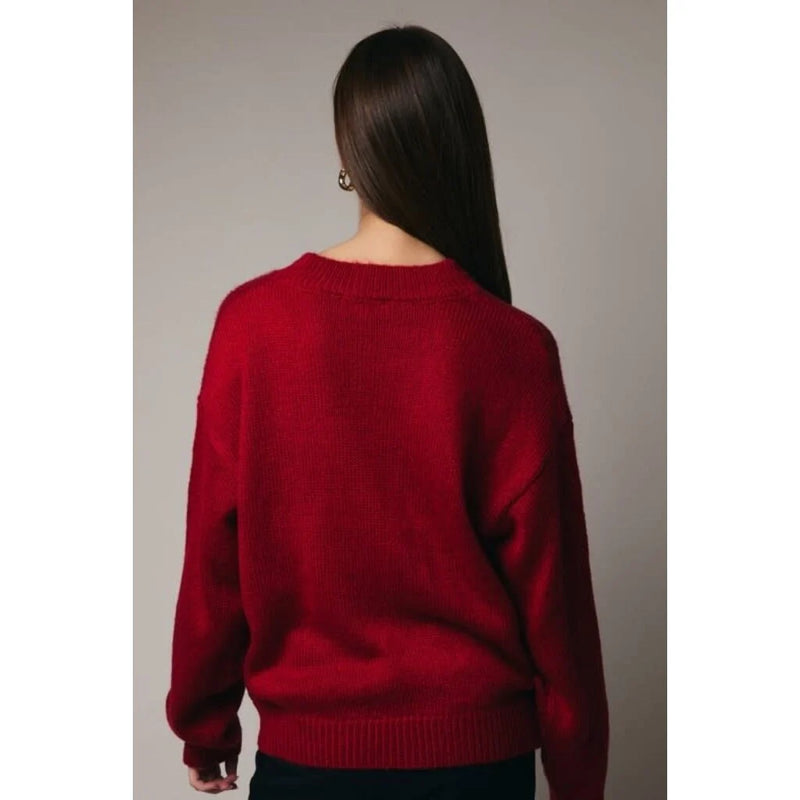 Embroidered Joy Wreath Sweater Crimson