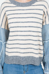Frayed Denim Puff Sleeve Striped Sweater Grey