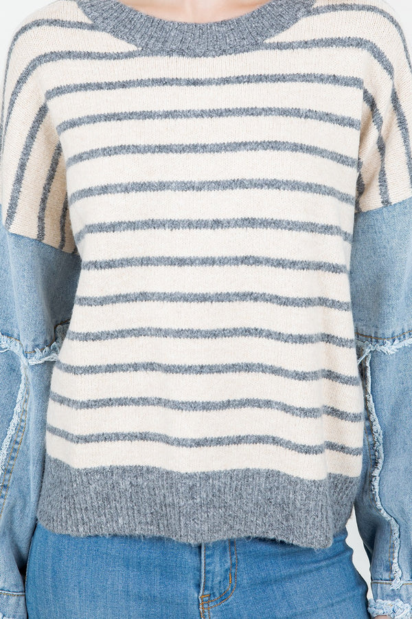 Frayed Denim Puff Sleeve Striped Sweater Grey