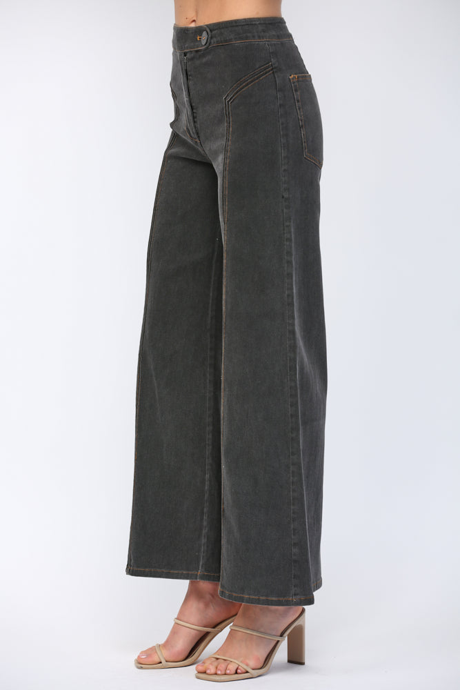 Contrast Stitch Triple Pintuck High Waist Flare Pants Black