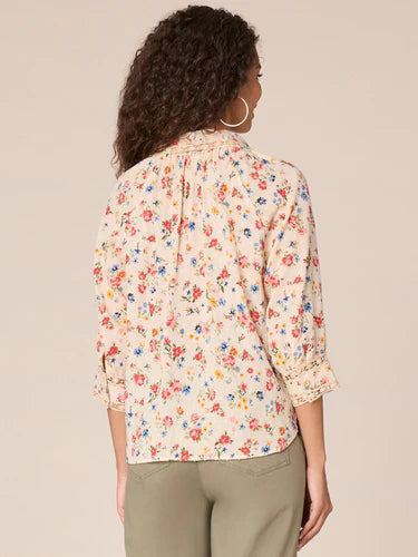 Crochet Insert Printed Below Elbow Sleeve Top Rose Smoke + Red Multi