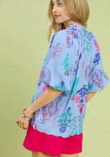 Whimsy Floral Print Split Neck Puff Sleeve Top Periwinkle Mix