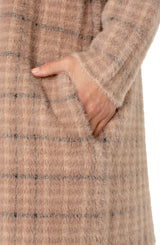 Long Sleeve Open Front Sweater Coat Camel Cream Plaid
