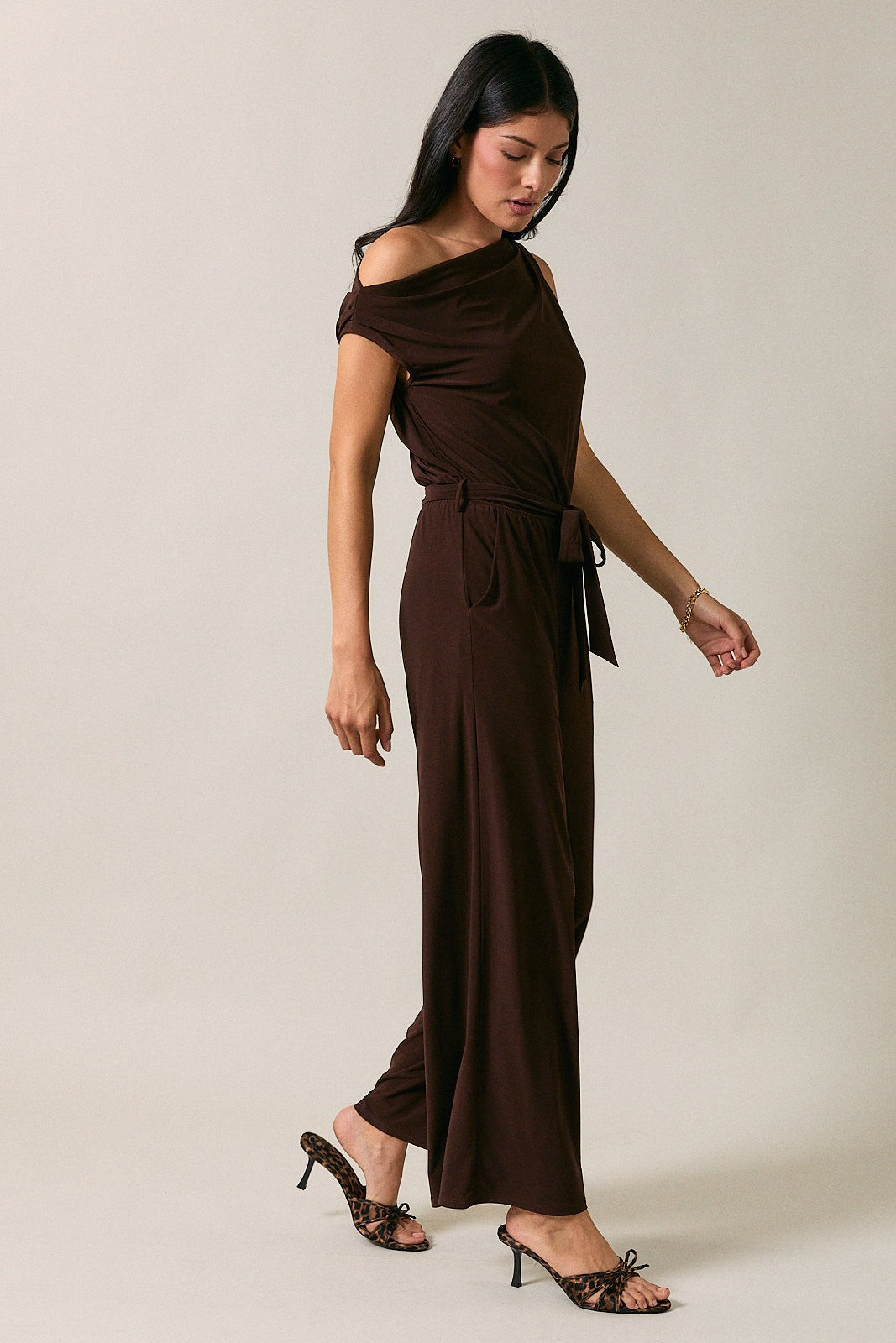 Asymmetric One Shoulder Tied Belt Jumpsuit Brown