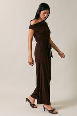 Asymmetric One Shoulder Tied Belt Jumpsuit Brown