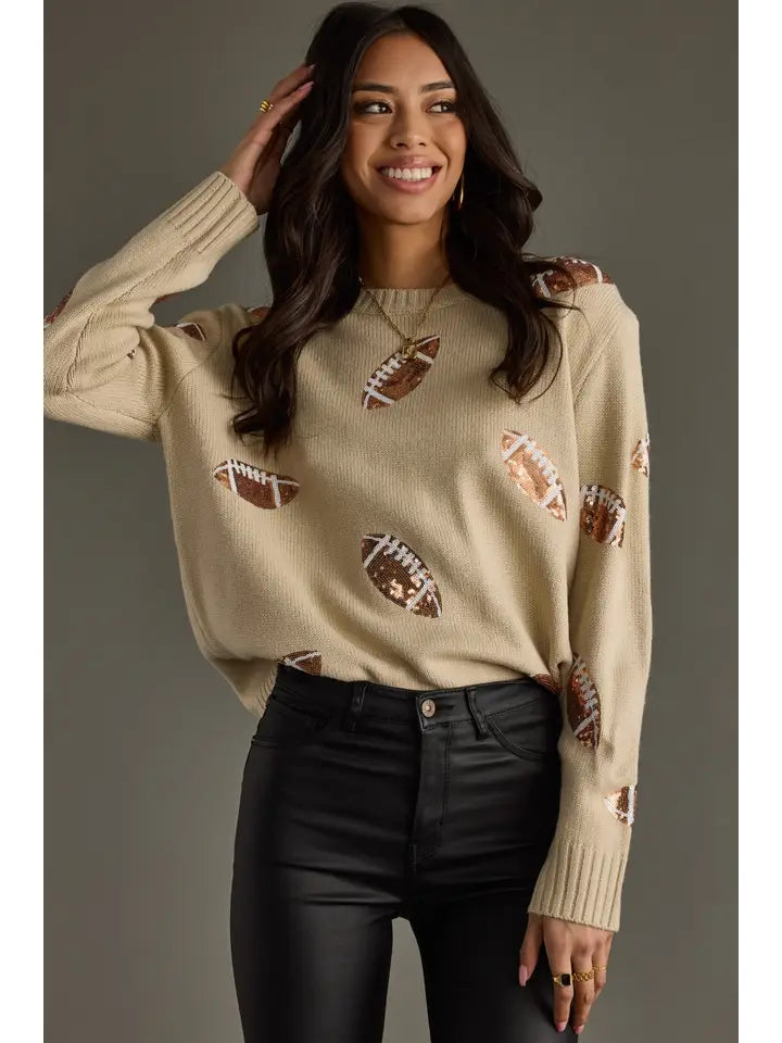 Sequin Football Sweater Tan