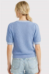 Waffle Textured Short Sleeve Sweater Chambray