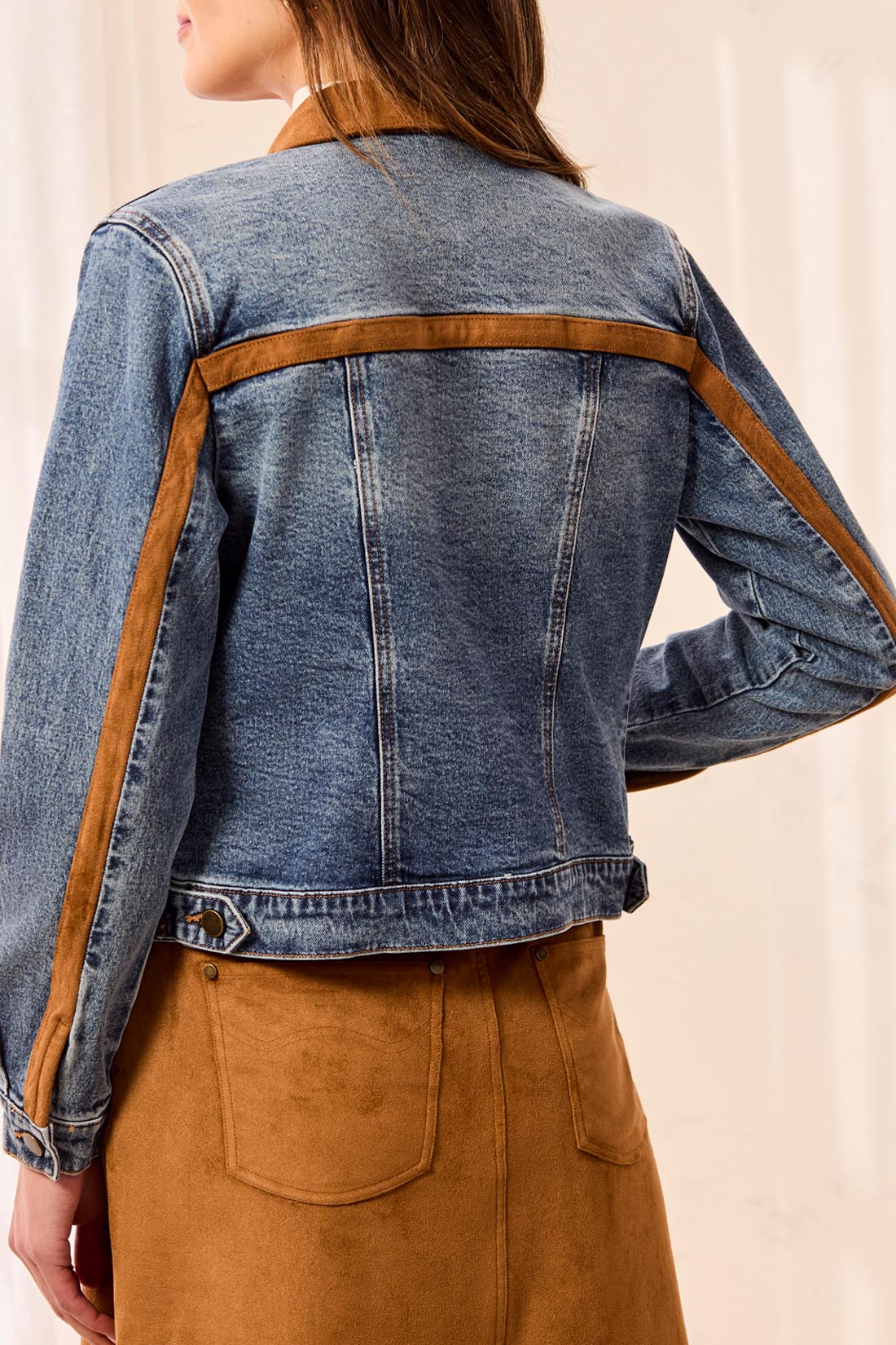 Suede Detail Zip Front Denim Jacket Moonlight